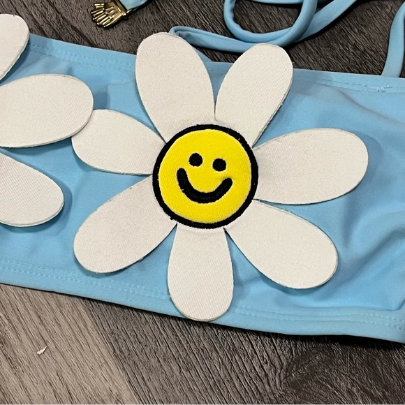 Lazy Oaf Daisy Boob Baby Blue Bikini Top Double Straps Bandeau Size Small - Picture 6 of 14